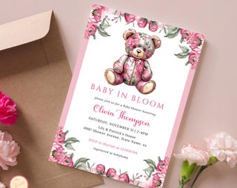 Baby in Bloom Shower, Pink Girl Baby in Bloom Invitation, Baby Shower Invite Template, Pink Watercolor Floral Baby Invite, Pink Teddy
