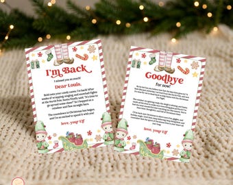 Op de afbeelding: Twee kerstkaarten met elfenillustraties en tekst. Eén kaart leest "I'm Back" en de andere zegt "Goodbye for now!". Beide kaarten bevatten zuurstokken, sterren en elfenlaarsjes. De kaarten liggen op een crèmekleurig oppervlak.