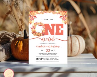 Invitación para el primer cumpleaños de Pumpkin Little Miss Onederful - Invitación para el primer cumpleaños de A Little Pumpkin Is Turning One - Invitación para el cumpleaños de otoño de una niña