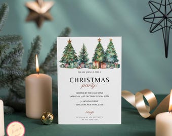 May include: A Christmas party invitation with watercolor illustrations of Christmas trees and gifts. The invitation includes the text "Christmas party!" and event details. The design features a festive holiday theme with candles and ornaments.
