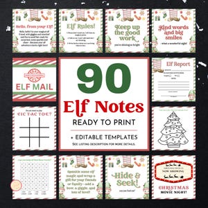 May include: A set of 90 printable Elf Notes featuring festive designs and activities. Includes Elf Mail, Tic-Tac-Toe, word searches, colouring pages, and messages like "Elf Rules" and "Christmas Movie Night!" Ready to print templates.