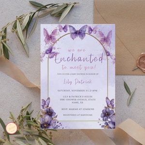We are Enchanted to Meet You Baby Shower Invitation, We&#39;re Enchanted to Meet You Butterfly Baby Shower Evite,  Purple Butterfly Theme