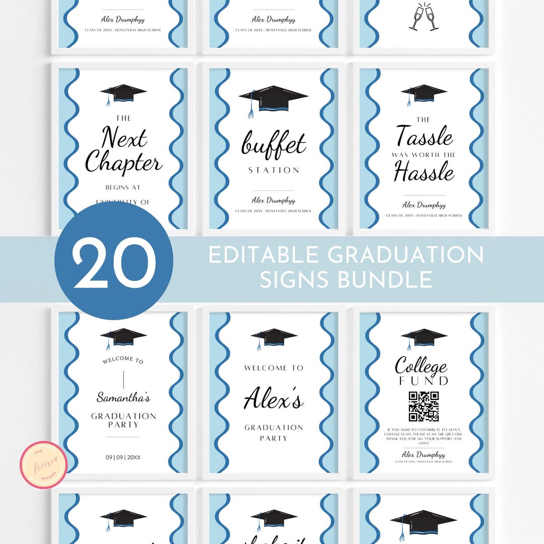 Graduation Party Sign Bundle, Editable Modern Blue Minimalist ...