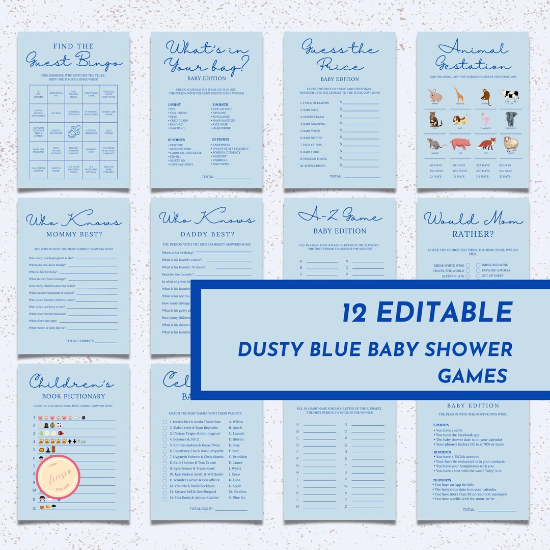 Dusty Blue Baby Shower Games Bundle - 12 Editable Fun Baby Shower Games ...