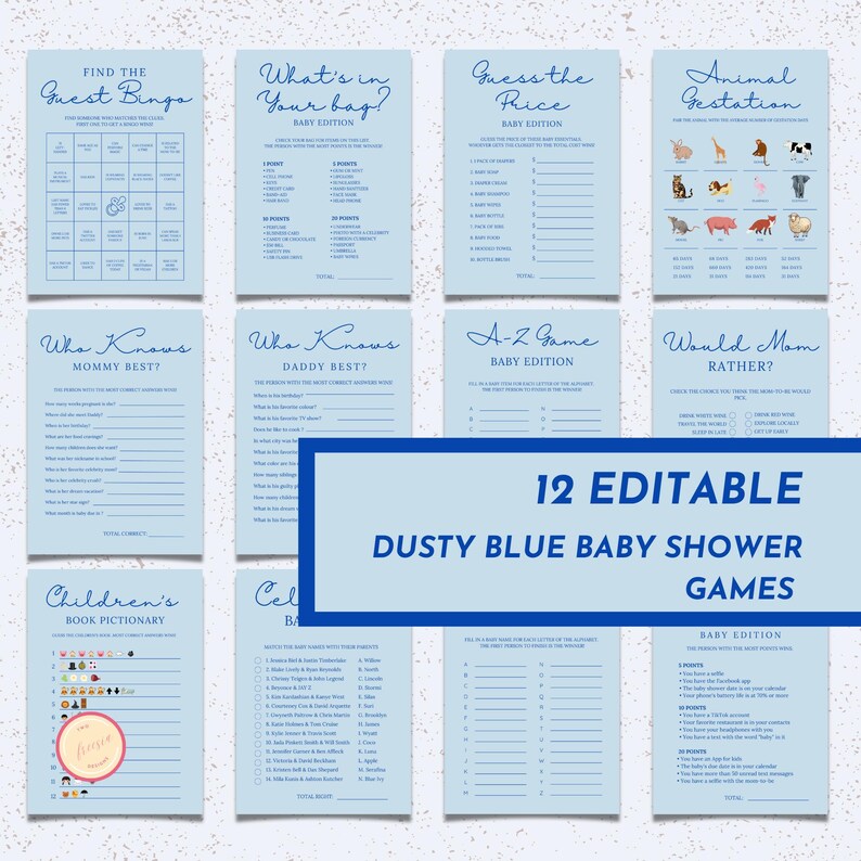 Dusty Blue Baby Shower Games Bundle 12 Editable Fun Baby Shower Games ...