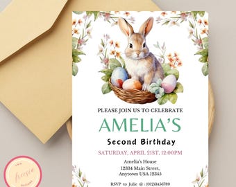Editable Easter Bunny Birthday Invitation – Floral Party Invite (Digital Download)