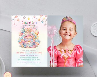 Editable Sweet Birthday Invitation, Girl Birthday Invite, A Sweet Celebration Birthday Invitation, Candy Party Invite with Photo, 76QCJ