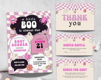 Editable A Little Boo Baby Shower Bundle, Girl Halloween Baby Shower Invite Book Request, Diaper Raffle, Checkered Retro Ghost Set, 2HCD3