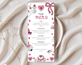 Editable Tea Party Birthday Menu Template, Pink Bow Menu Template, Afternoon Tea Menu Card Template, Spring Garden Menu Card Template