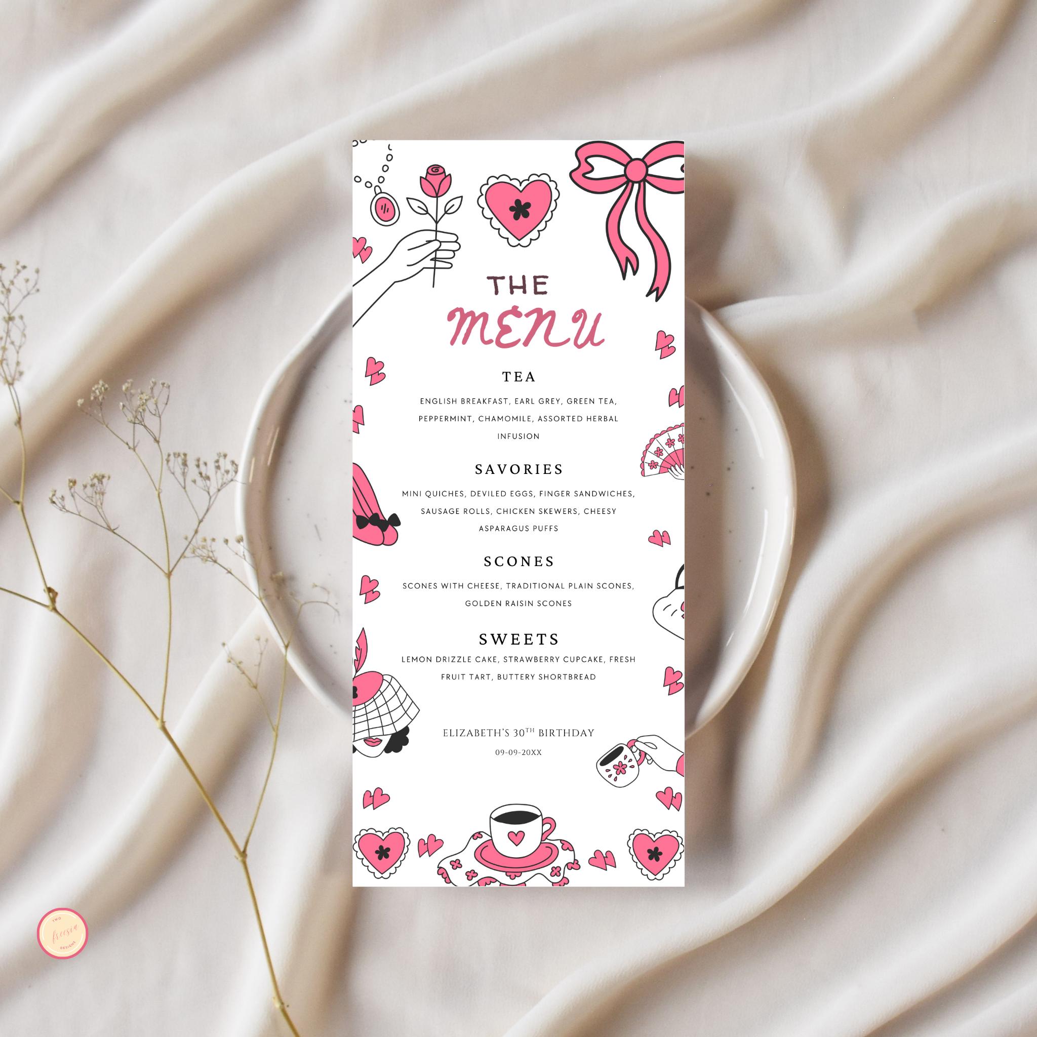 Editable Tea Party Birthday Menu Template, Pink Bow Menu Template ...