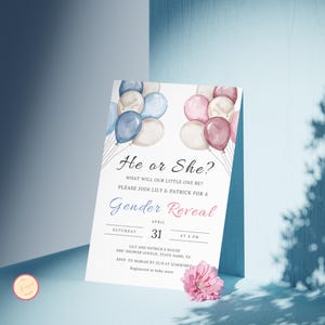 Plantilla de invitación para revelar el género del bebé, él o ella, globos editables para invitar, fiesta para adivinar el género del bebé, azul y rosa, descarga digital niña/niño