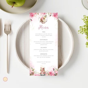 Modèle de menu d'anniversaire modifiable Tea Party, modèle de menu floral rose, modèle de carte de menu de thé de l'après-midi, modèle de carte de menu de jardin de printemps