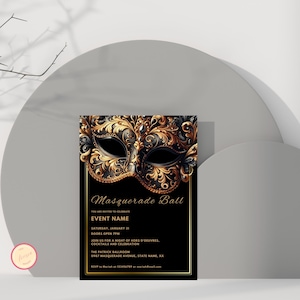 Modèle d'Invitation de fête mascarade or et noir, mascarade or, anniversaire adulte modifiable et imprimable, invitation mascarade pour adultes