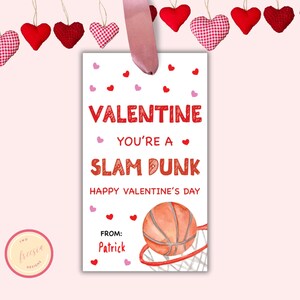 Valentine Gift Tag Template - You&#39;re a Slam Dunk - Printable Valentine&#39;s Day Favor Tag - School Classroom Treat- Kid Basketball Cards- LN08