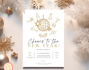 Gold Minimalist New Year's Eve Party Invitation Template, Cheers to the New Year Phone Evite - Printable 2026 NYE Invitation - J8