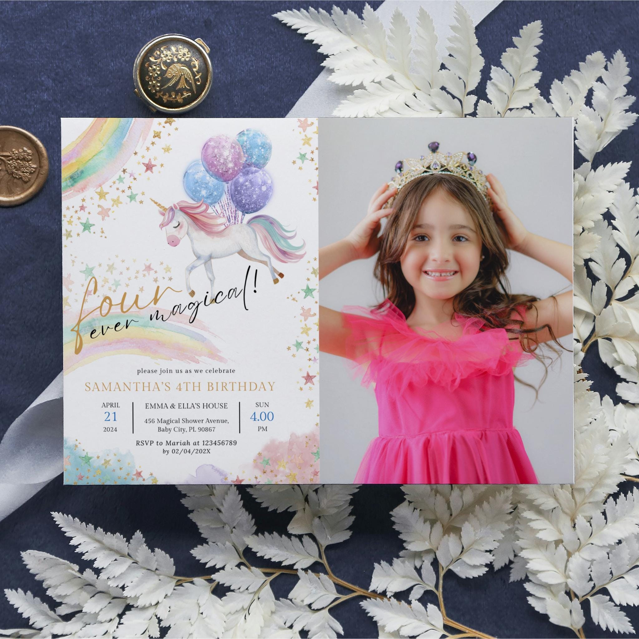 Editable Unicorn 4th Birthday Invitation With Photo, Four Ever Magical ...