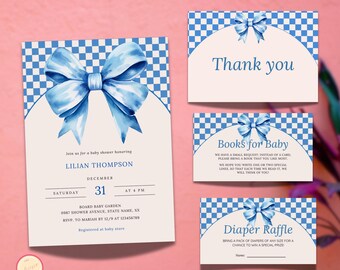 Blue Bow Baby Shower Invitation Template Bundle, Boy Baby Shower Invite, Checkered-Themed, Blue Coquette Boy Evite, Editable & Printable