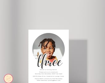 Editable 3rd Birthday Photo Invitation, Minimal Third Birthday Invite Template, Boy or Girl Third Birthday Invitation, Instant Download