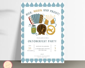 May include: Oktoberfest party invitation with a blue and white diamond border. The invitation features illustrations of beer steins, a pretzel, an accordion, and a beer barrel. The text reads "Bier, Musik und Prost!" and details the date, time, and location.