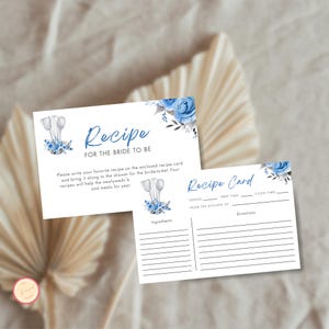 Modèle de carte de recette florale bleue pour la future mariée, cartes de douche nuptiale de cuisine, cartes à remplir de recette imprimables