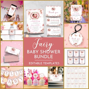 Editable A Little Fairy Baby Shower Bundle, Pink Magical Wildflower Garden Fairy for Tea Party, Enchanted-Themed Party, Printable, 9XJG2