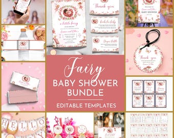 Editable A Little Fairy Baby Shower Bundle, Pink Magical Wildflower Garden Fairy for Tea Party, Enchanted-Themed Party, Printable, 9XJG2