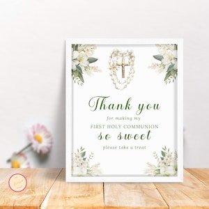 Erste Heilige Kommunion Grünes Gunst Schild, Danke für Dein Kommen Beschilderung, Dessert Tischschild 1st Kommunion Mädchen, Printable & Bearbeitbar, 7S9D1