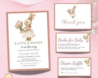 May include: A baby shower invitation with a pink and brown color scheme. The invitation features a cartoon bunny holding flowers and the text "A Little Bunny is on her way".