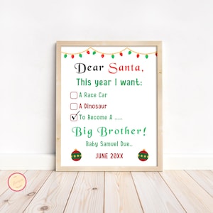 Querido Papá Noel Este año quiero convertirme en un Gran Hermano Letrero de anuncio de bebé, Revelación de embarazo, Anuncio de embarazo navideño moderno,