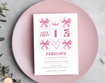 Pink Coquette 13th Girl Birthday Invitation Template, Thirteen Pink Birthday Invite, Minimal Tween, Modern Teen Birthday Party Editable