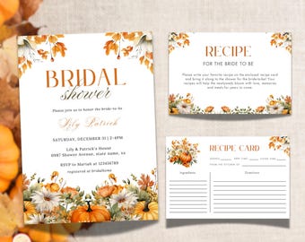 Fall Bridal Shower Invitation Set Template, Editable Bridal Brunch Invite Suite with Recipe Card, Autumn Orange Pumpkin Template, SEMQ9