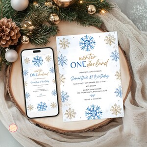Winter ONEderland Birthday Party Invitation, Boy Blue Snowflake 1st Birthday, First ONEderland Party, Holiday Birthday Bundle, Z6HVG
