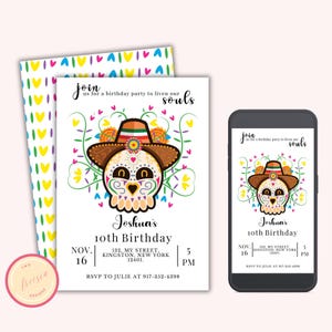 Day of the Dead Birthday Party Invitation - Dia de los Muertos - Fiesta Sugar Skull Invitation - Editable Phone & 5x7 Evite - RD13