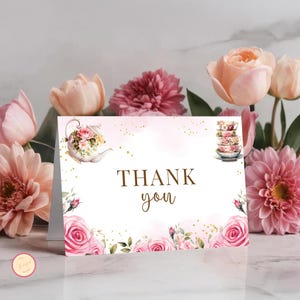 Carte de remerciement modifiable pour le thé - remerciement rose et or pour le thé - partie de thé fantaisiste - thé floral - étiquette de fête imprimable - tout âge