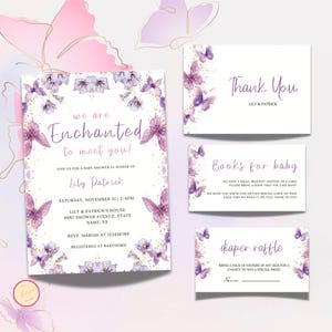 Enchanted to Meet You Baby Shower Invitation Bundle, We&#39;re Enchanted to Meet You Butterfly Baby Shower Evite,  Purple Butterfly Theme