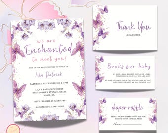 Ghirlanda Festone 'We Are Enchanted To Meet You' Rosa E Viola Glitterata Con Farfalle - 16 Pezzi Per Baby Shower E Rivelazione Genere - 2