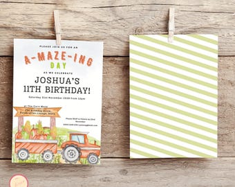 Convite de aniversário de labirinto de milho, aniversário de outono editável, convite de festa com tema de outono para menino ou menina, qualquer idade