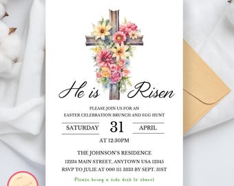 Editable Easter Celebration Invitation Template - He Is Risen Invitation Template - Easter Party Invite - Church Invitation - Sy09