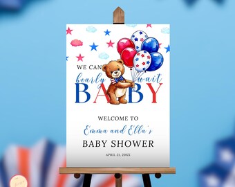 All-Amerikanisches Vaterländisches Babyparty-Willkommensschild, kleiner Feuersturm, 4. Juli-Babyparty, vierter Juli, Rot, Weiß & Schleife