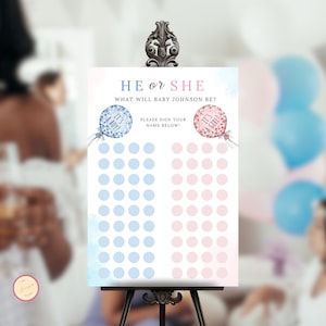 Gender Reveal Voting Sign, Guess The Gender Template, He Or She Game, Boy Or Girl, Pink, Blue Balloons, Minimalist Brunch Party