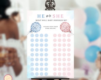 Gender Reveal Voting Sign, Guess The Gender Template, He Or She Game, Boy Or Girl, Pink, Blue Balloons, Minimalist Brunch Party