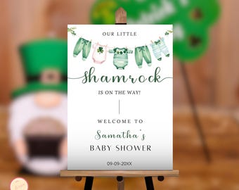 St Patrick's Day Baby Shower Welcome Sign - Our Little Shamrock is on the Way Baby Shower - Editable St Patrick's Day Decor Template - Up99