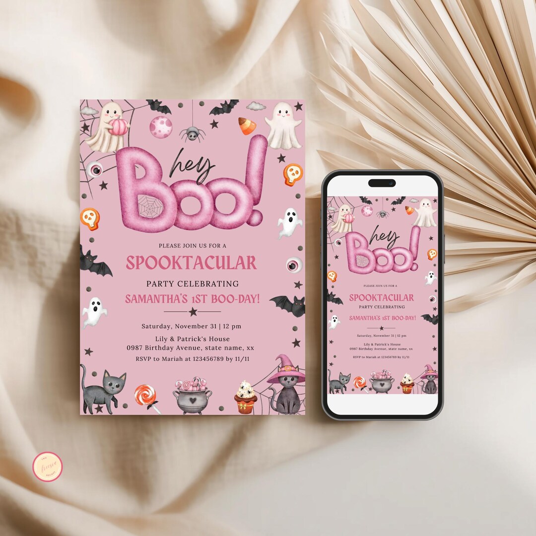 Hey Boo Invitation Pink, Halloween Ghost 1st Birthday Party Invite ...