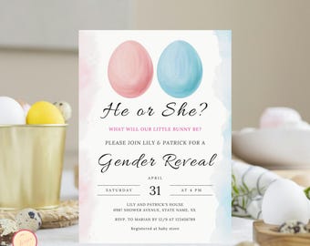 Easter Egg Gender Reveal Invitation Template, He or She Baby, Spring/Easter Invitation Party, Guess the Gender Party, Blue or Pink Eggs