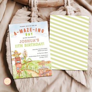 May include: A colourful invitation for an 11th birthday party featuring a scarecrow illustration and the text "A-MAZE-ING DAY" and "JOSHUA'S 11TH BIRTHDAY!" The invitation includes the date, time, and location of the party, which is at The Corn Maze. Please RSVP to 0000 2346 678 by 22nd November.