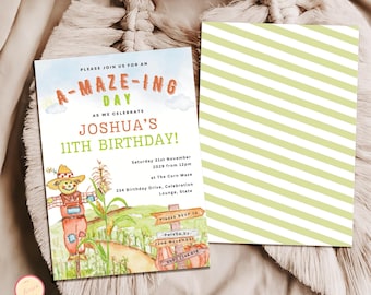 Convite de aniversário editável de labirinto de milho, fazenda de abóboras, abóboras, aniversário de outono, convite para festa com tema de outono para menino ou menina, qualquer idade