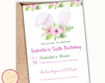 Invitación de cumpleaños de Pascua editable - Invitación de cumpleaños de algún conejito - Primer cumpleaños de conejito - Segunda fiesta de cumpleaños de niña - Sy09