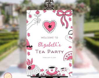Puede incluir: Un letrero blanco sobre un caballete negro con ilustraciones rosas y negras para una fiesta de té. El letrero dice "Bienvenida a la fiesta de té de Elizabeth" con la fecha 15 de febrero de 20XX. Las ilustraciones incluyen una rosa, un corazón, un lazo, un sombrero y tazas de té.