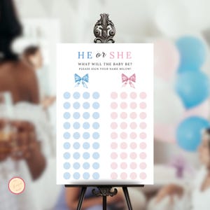 Gender Reveal Voting Sign, Guess The Gender Template, He Or She Game, Boy Or Girl, Pink, Blue Bows, Minimalist Brunch Party