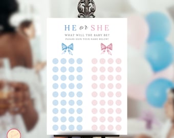 Gender Reveal Voting Sign, Guess The Gender Template, He Or She Game, Boy Or Girl, Pink, Blue Bows, Minimalist Brunch Party
